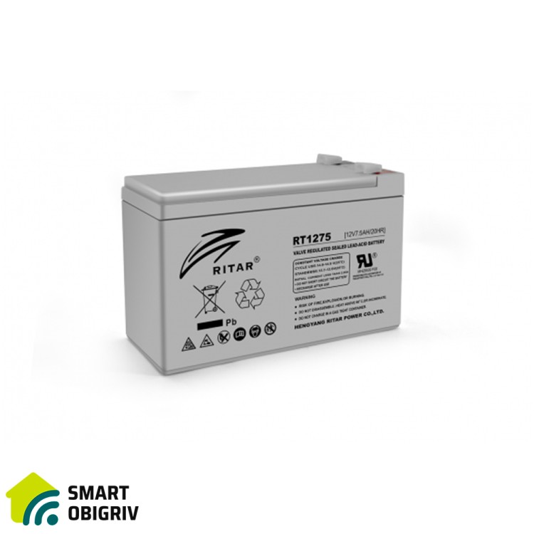 Акумуляторна батарея AGM RITAR RT1275, Gray Case, 12V 7.5Ah - SMARTOBIGRIV  